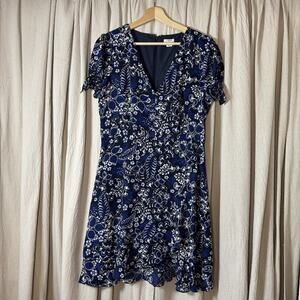 J.Crew Factory Navy Blue Floral Ruffle Hem V-Neck Dress Size 10 Summer Mini